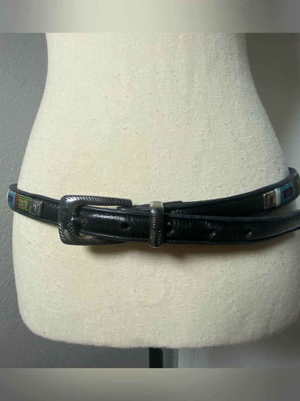 Y2K Brighton Black Leather Multicolor Beaded Skinny Belt Size XL - Picture 2 of 9